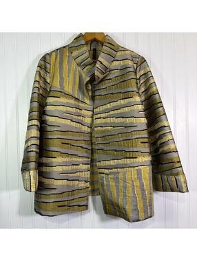 IC by Connie K Women's L Open Front Jacket Gold Zebra Buttons Textured Pockets
